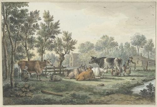 Digital Print - Wei met koeien die gemolken worden by Paulus Constantijn la Fargue