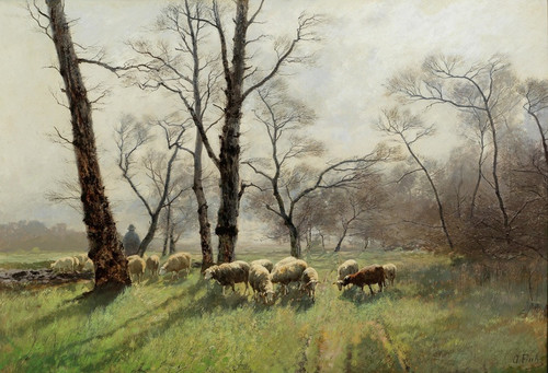 Digital Print - Shepherd With His Flock In The Evening Light by August Fink