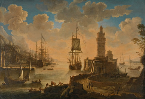 Digital Print - A Capriccio Of Shipping In A Mediterranean Harbour, With Fishermen Unloading Their Boat In The Foreground by Alessandro Grevenbroeck