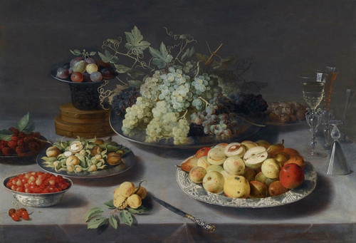 Digital Print - Still Life Of Grapes And Other Fruits With A Knife, Faon De Venise Wineglasses And Other Objects On A Draped Table by Osias Beert the Elder