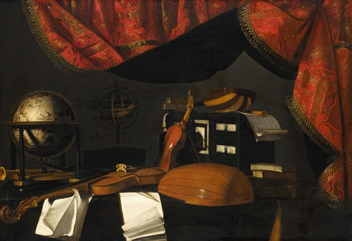 Digital Print - A still life with musical instruments and a globe on a table, a curtain behind by Bartolomeo Bettera