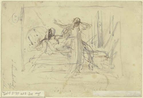 Digital Print - Zwei Frauen, eine stehend, die andere hinter auf einem Bett liegend by Jules Lunteschtz