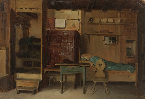 Digital Print - Schwarzwlder Bauernstube mit Bett und Sitzbank am Kachelofen by Johann Baptist Kirner