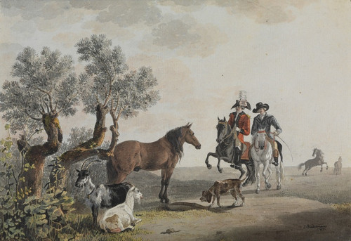 Digital Print - Zwei Reiter, die ihren Weg ber eine Tierweide nehmen by Johann Jakob Biedermann