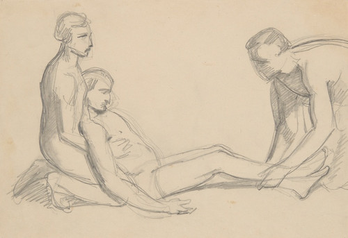 Digital Print - Sketch of nude men to the scene with Nicodemus and Joseph of Arimathea supporting the dead body of Christ to the painting 'Entombment' by Jzef Simmler