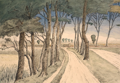 Digital Print - Field landscape. In the foreground a road with trees by Johan Rohde Digital Print - Field landscape. In the foreground a road with trees by Johan Rohde