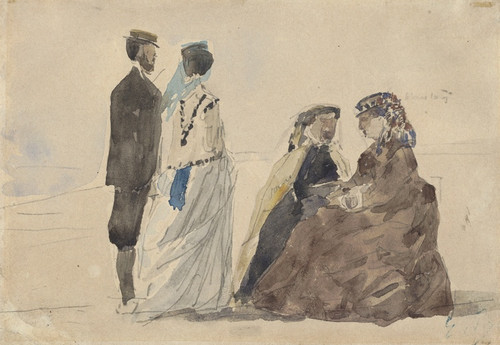Digital Print - Two Ladies Seated and a Couple Walking on the Beach by Eugne Boudin