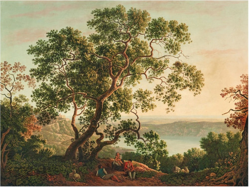 The Lago Nemi at twilight with figures and a flock of goats resting in the foreground by Carlo Labruzzi Art Print Download