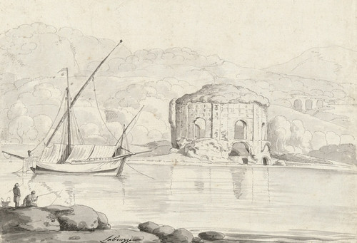 The so-called Temple of Venus at Baiae, with a boat and two fishermen in the foreground by Carlo Labruzzi Art Print Download