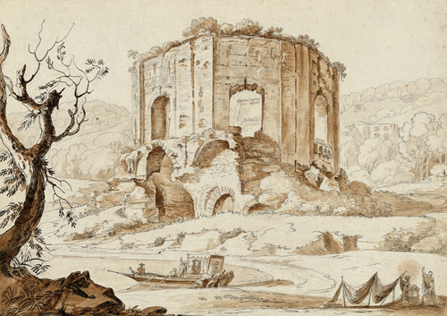 The so-called Temple of Venus at Baiae, with tourists preparing to disembark and fishermen mending nets by Carlo Labruzzi Art Print Download