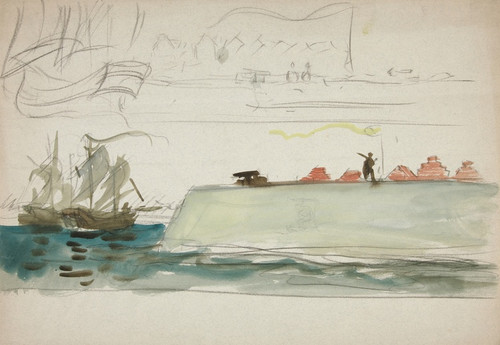 Digital Print - Boats at sea; battleship foreground, sailboat in distance by Edwin Austin Abbey