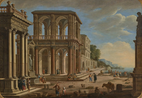 Digital Print - A capriccio with an ionic portico, a fountain, a two story loggia, a Gothic palace, and figures on a quay by Alessandro Salucci