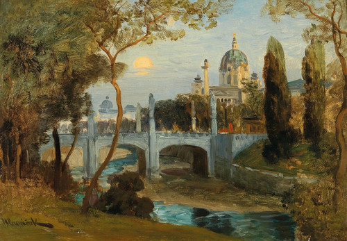 Digital Print - A View of the Wien River and the Church of St. Charles by Anton Hlavacek