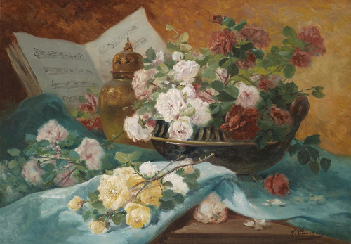 Digital Print - Stillleben mit Rosen in einer Schale by Eugne Henri Cauchois