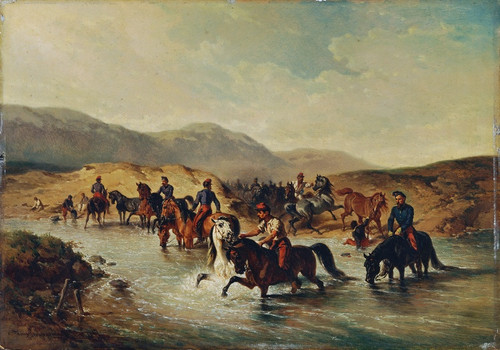 Digital Print - Franzsische Kavallerie in der Pferdeschwemme by Joseph Anton Strassgschwandtner