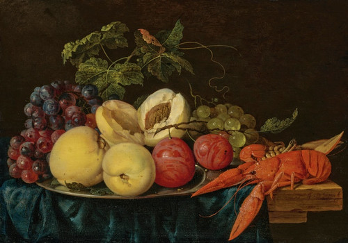 Digital Print - Fruit on a silver platter with lobsters on a partially draped table by Jan Davidsz de Heem
