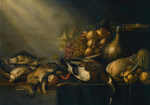 Digital Print - Still life with a dead hare and duck, fish, vegetables and an earthenware flagon, on a draped table by Harmen Steenwyck