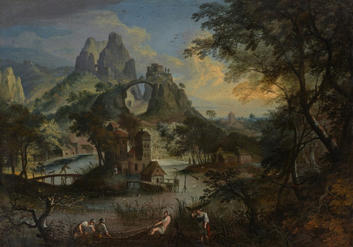 Digital Print - Fishermen hauling in the catch in an extensive landscape, a village beyond by Lodewijk Toeput
