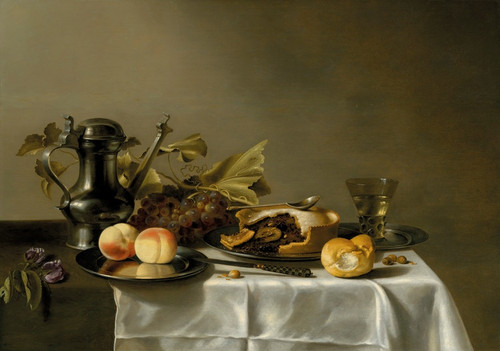 Digital Print - Peaches on a silver platter, a fruit pie, a bread roll, a prunted roemer and a silver coffee pot on a partially draped table by Circle of Pieter Claesz.