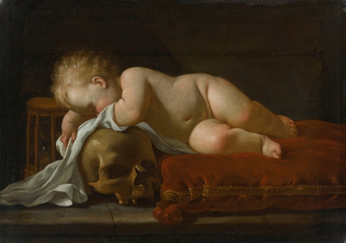 Digital Print - A Vanitas Scene With A Sleeping Child On A Red Velvet Cushion, An Egg Timer And A Skull by Luigi Miradori