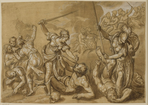 Digital Print - Retfrdigheden, Mercur og Minerva besejrer de onde magter, mens en gruppe gudinder ser til fra skyerne by Paolo Farinati