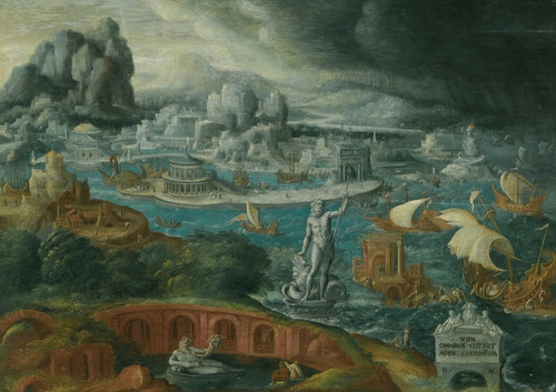 Digital Print - Classical Landscape With Ships Running Before A Storm Towards A Classical Harbour by Circle of Maarten van Heemskerck