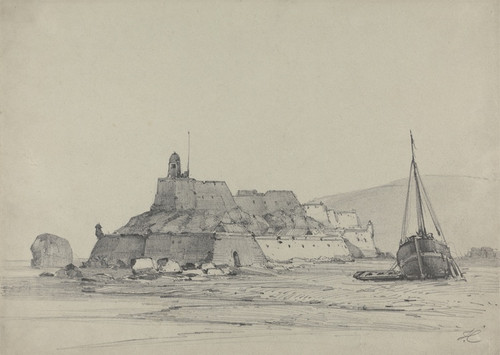 Digital Print - Coast Scene with Castle and Beached Fishing Vessel by John Callow