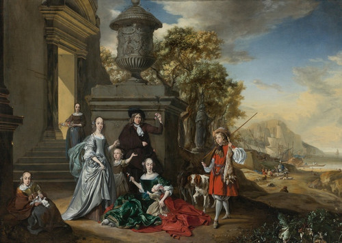 Digital Print - A Family Portrait On The Grounds Of A Villa With An Italianate Harbor Scene Beyond by Jan Weenix