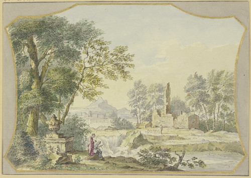 Digital Print - Landschaft mit einer Ruine, links bei einer Vase unter Bumen zwei Figuren by Jacob van de Velde