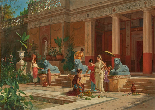 Digital Print - A fruit seller in the courtyard of a Pompeian villa by Luigi Bazzani