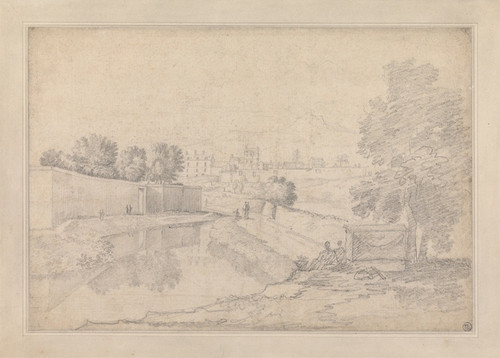 Digital Print - Italian Landscape with River Running Between High Wall at Left and High Bank at Right Towards a Small Town with Figures on the Banks by Richard Wilson