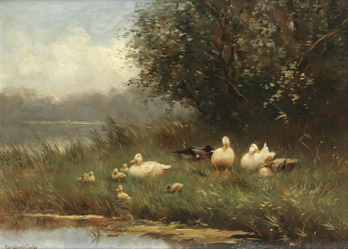 Digital Print - Ducks and ducklings by the waterside by Constant Artz
