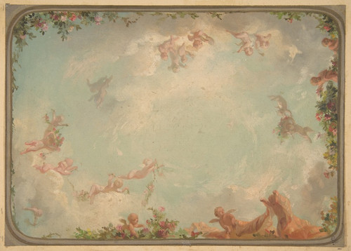 Digital Print - Design for a ceiling painted with putti in clouds with roses by Jules-Edmond-Charles Lachaise