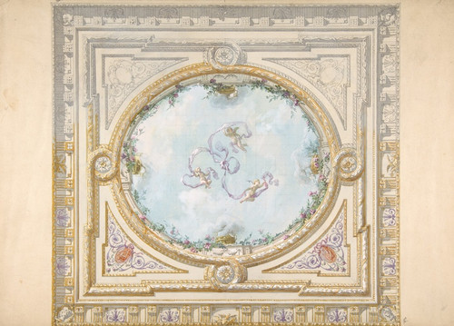 Digital Print - Design for a ceiling in rococo style with a trompe l'oeil oculus by Jules-Edmond-Charles Lachaise