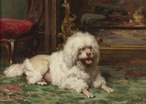 Digital Print - Poodle Resting on the Hearth by French School