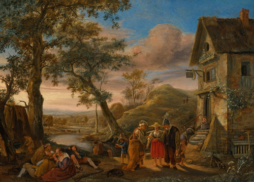 Digital Print - A fortune teller and peasants before an inn with a river landscape beyond by Jan Steen