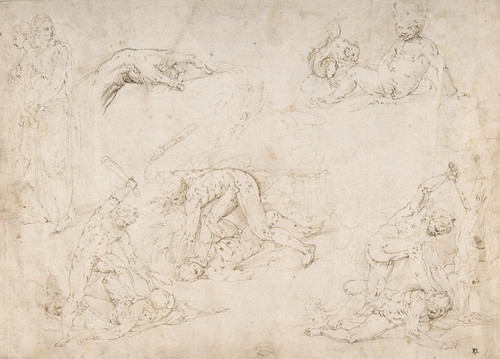 Digital Print - Figure Studies; Three Sketches of Cain Killing Abel, with an Altar of Sacrifice at Center, Two Standing Women, a Hand, and a Seated Child with a Squirrel by Battista Franco