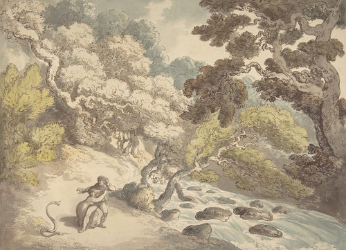 Digital Print - Landscape with rushing stream and a couple on the bank, frightened by a snake by Thomas Rowlandson