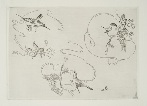 Digital Print - Assiette  dessert ; trois motifs composs chacun d'un ruban, d'une fleur et d'un oiseau by Flix Bracquemond
