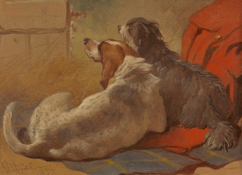 Digital Print - A Hound and a Bearded Collie seated on a Hunting Coat by John Frederick Herring Snr.