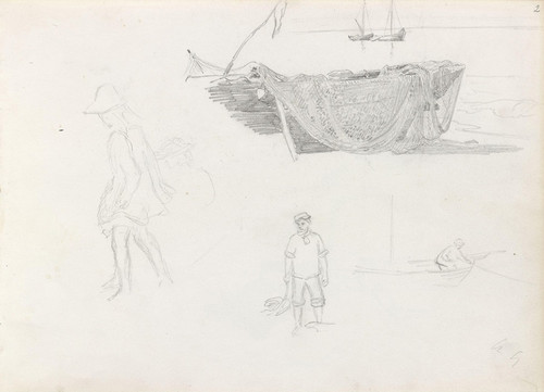 Digital Print - Boat with fishing nets; figure studies by Hans Gude