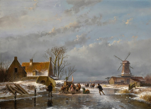 Digital Print - Winter landscape with skaters and a koek-en-zopie by Andreas Schelfhout