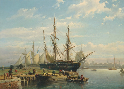 Digital Print - Dutch sailing ships at anchor in a river estuary by Johan Adolph Rust