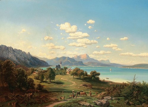 Digital Print - A View of Steinbach am Attersee with Unterach, Schafberg, the Drachenwand in the Background by Josef Mayburger