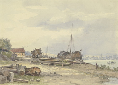 Digital Print - Werft am Rheinufer bei Niederwalluf by Friedrich Ernst Morgenstern