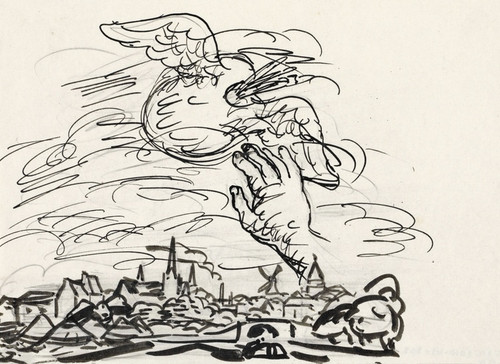 Digital Print - Zonder titel Schets vignet voor biografie van Gestel door Van der Pluym, gezicht op Woerden met daarboven een hand die reikt naar een gevleugeld palet by Leo Gestel