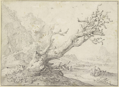 Digital Print - Alter drrer Baum querber nach rechts hngend, im Hintergrund eine Flugegend mit mehreren Figuren by Jan Weenix