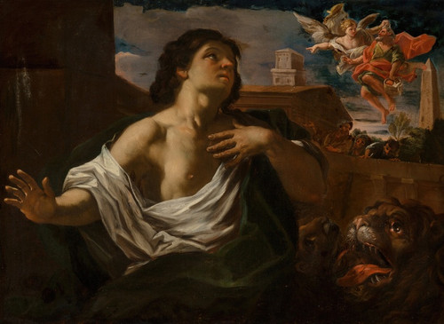Digital Print - Daniel in the Lion's Den with an angel bearing the prophet Habakkuk by Roman School