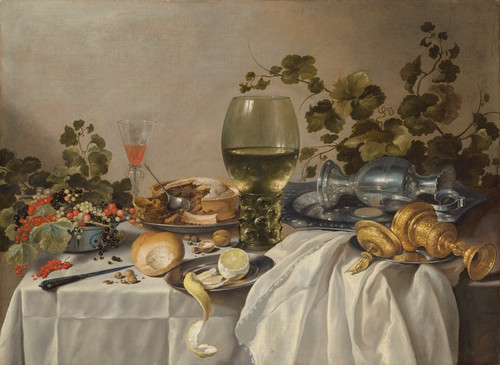 Digital Print - Ontbijt of silver and glassware on a draped table, with vines, fruits and baked goods by Pieter Claesz