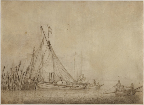 Digital Print - Ships at a Quai with a City in the Background by Hendrick Jacobsz. Dubbels